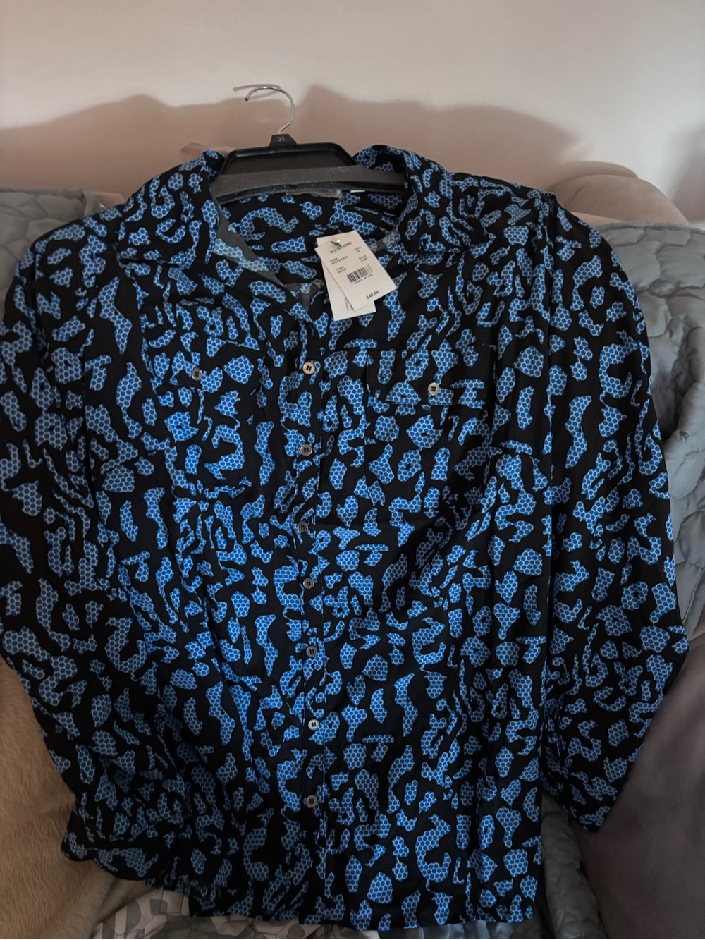 Notations Black and Bright Blue Abstract Button-Front Blouse